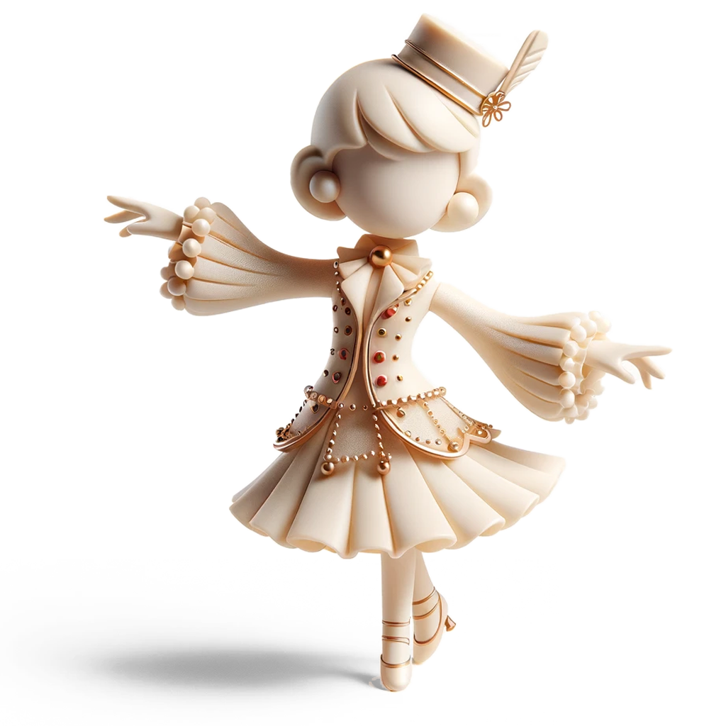 content creation carnival figure that represents a fun and elegant character for a circus-themed event. The character should have a whimsical, sophisticated costume wi