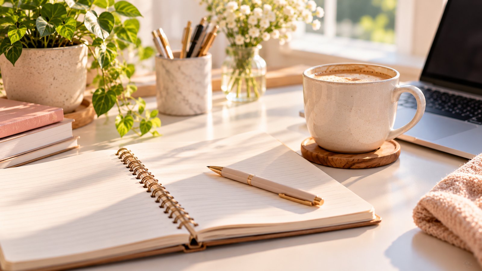 A cup of coffee beside an open notebook and a pen on a bright desk, ready for questions - FAQ: Amazon Influencer Storefronts in the Cleaning Niche