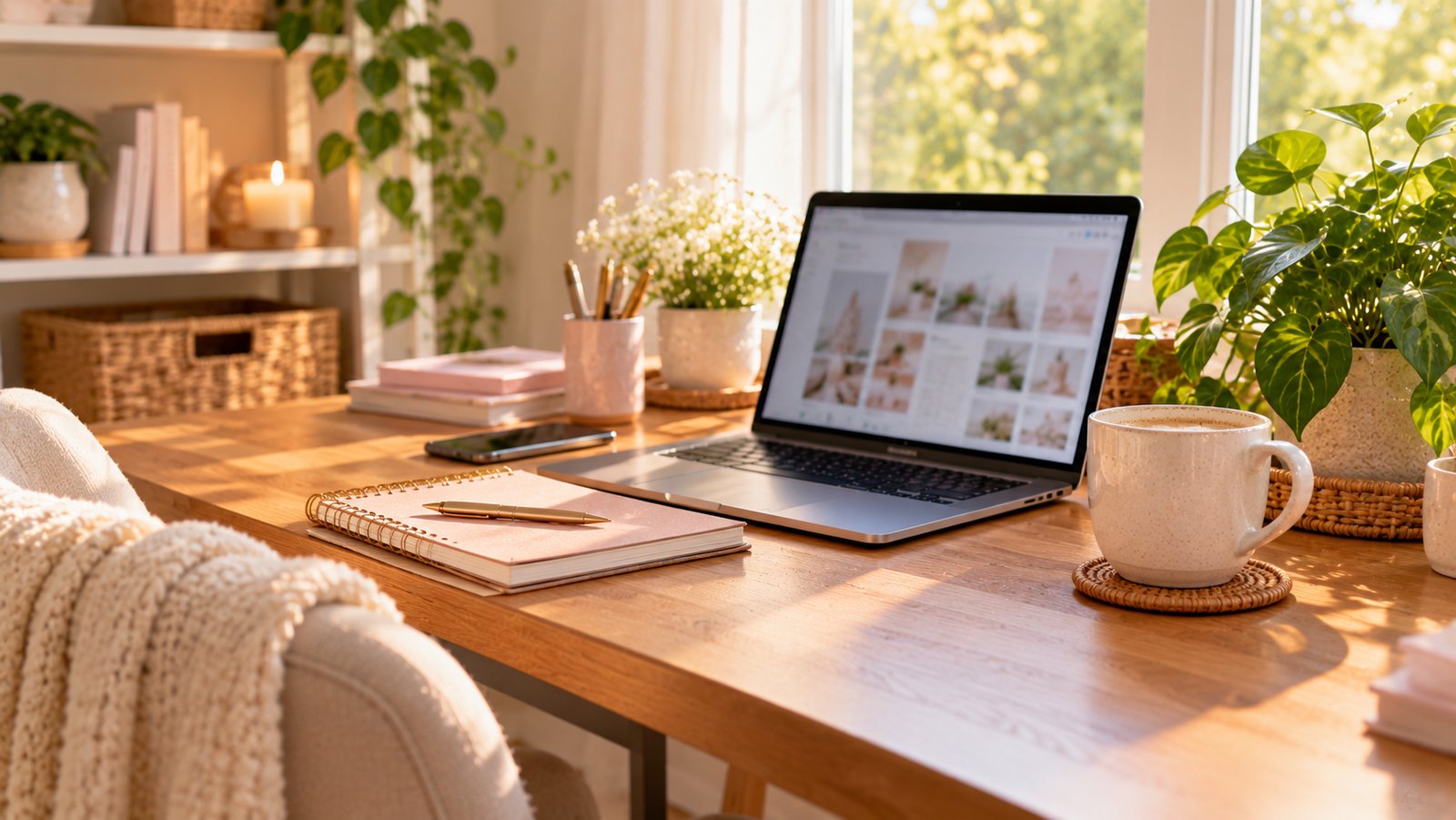 A cozy home office with a laptop, a plant and a mug on a wooden desk, soft window light - How This Fits Into a Bigger Content Strategy