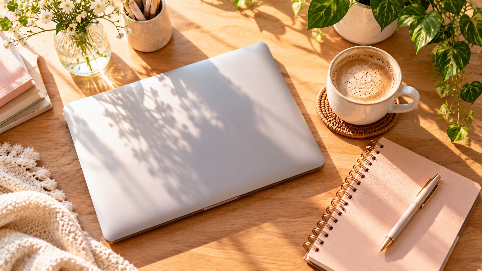 A closed laptop with a notebook and a cup of coffee on a sunlit desk, a sense of a finished task - The Takeaway