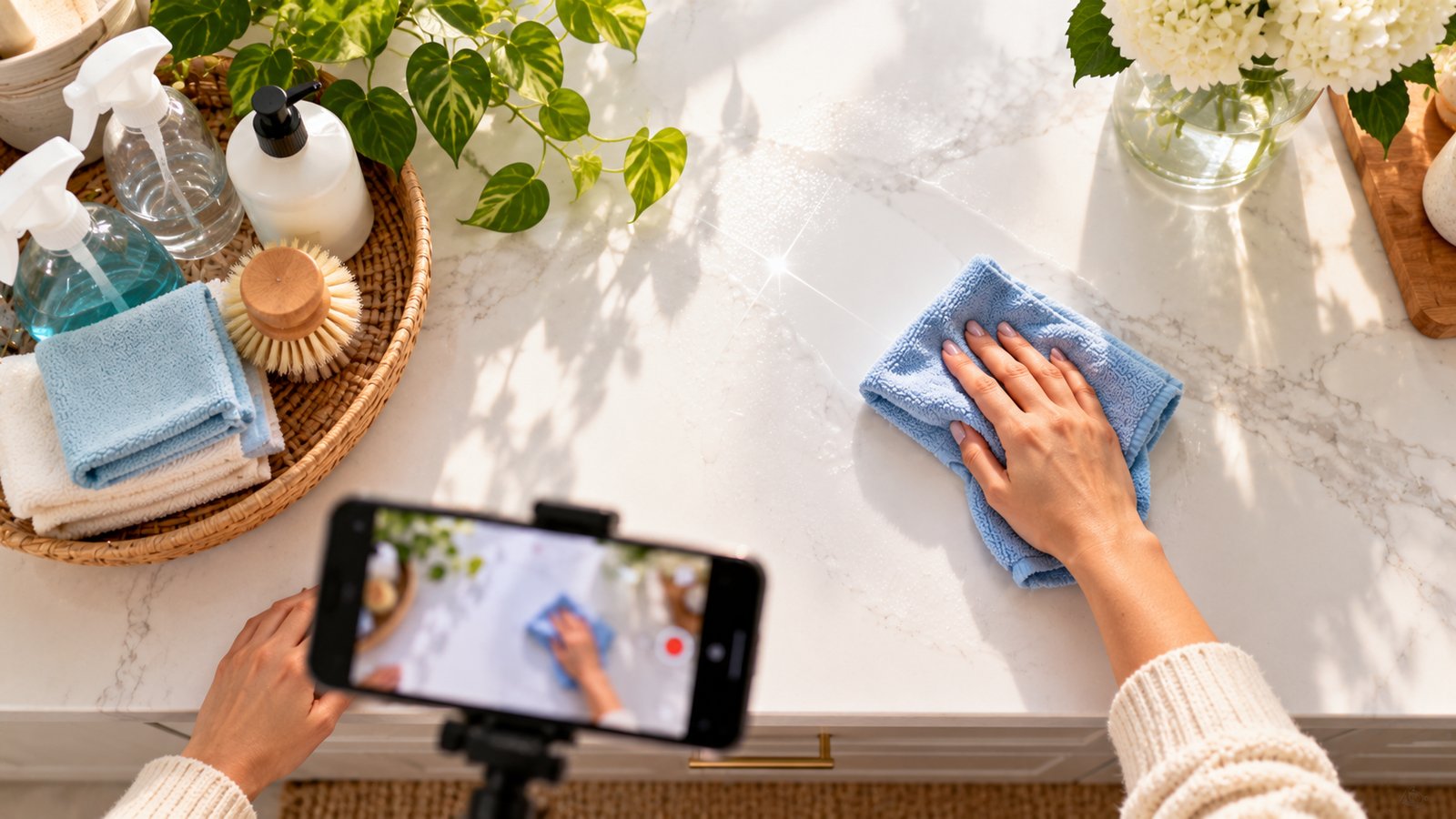 Hands wiping a sparkling white countertop with a microfiber cloth, phone filming in the foreground, no face visible - Why the Cleaning Niche Is Worth Considering