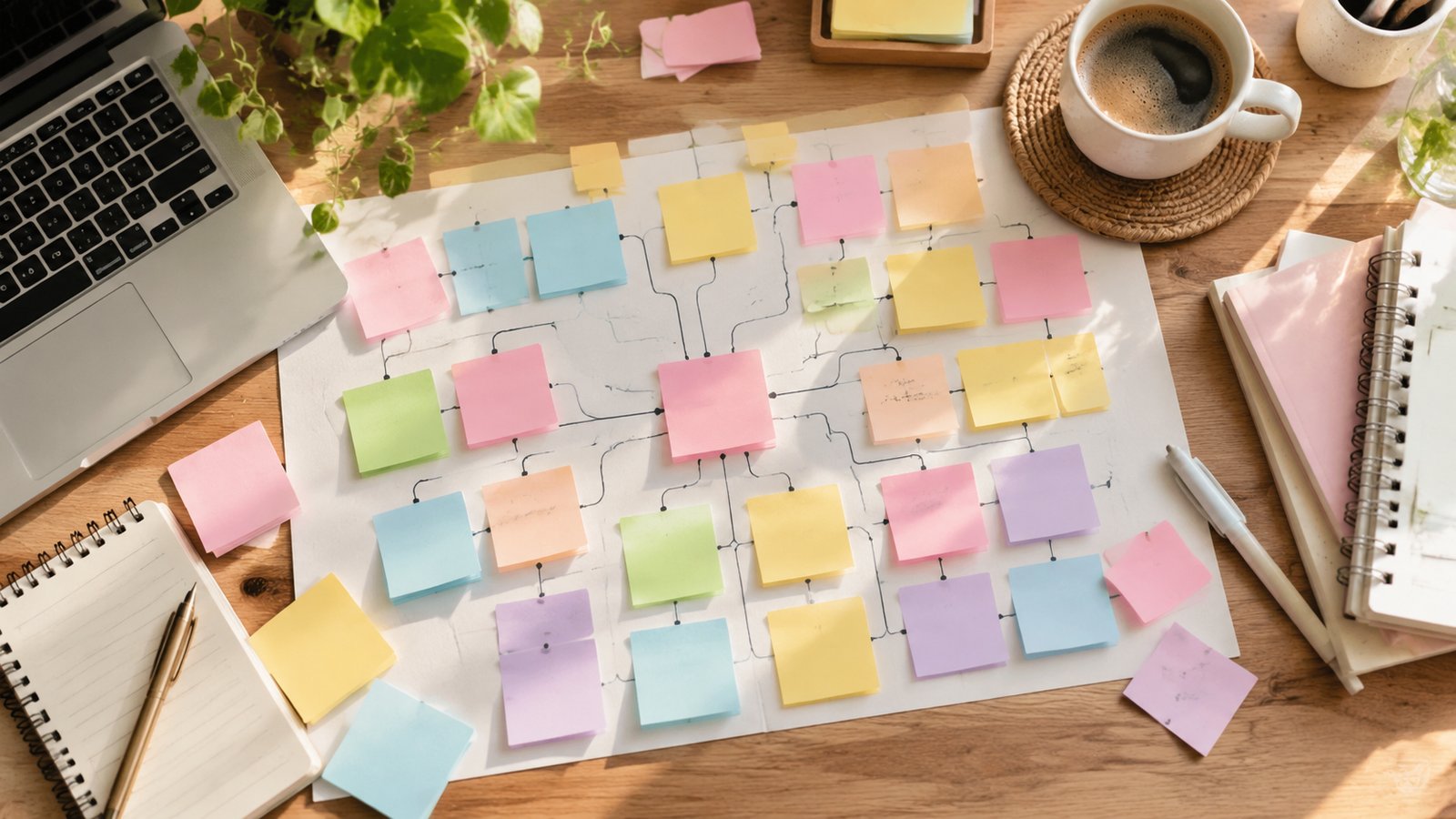 Pastel sticky notes arranged as an internal link map beside a coffee cup and notebook