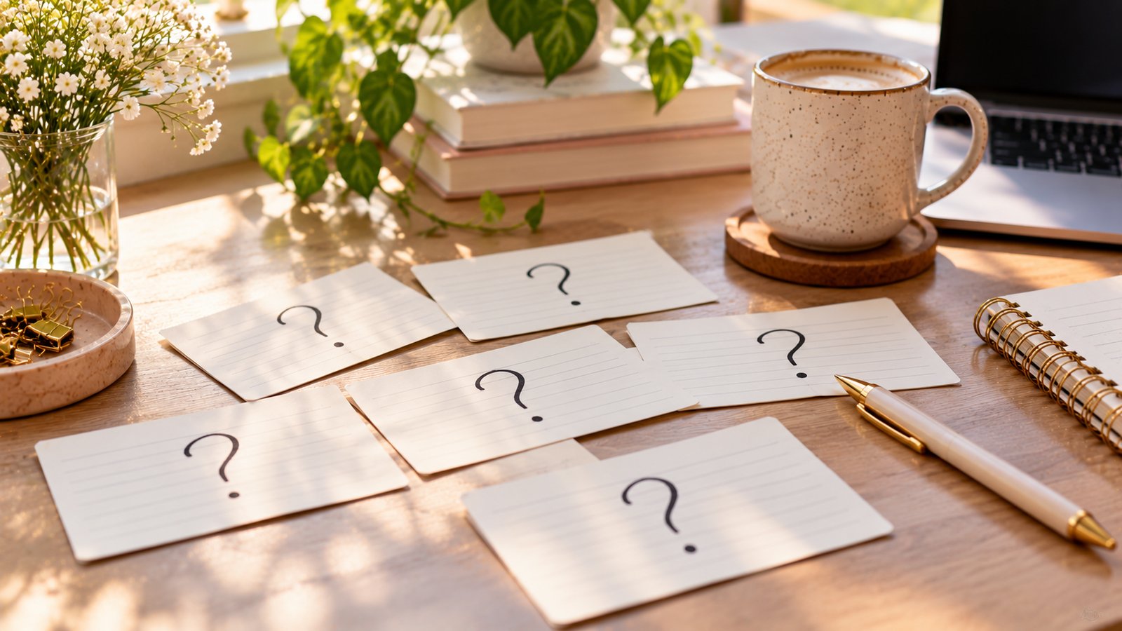 Blank index cards with drawn question marks spread on a desk beside a pen - Frequently Asked Questions