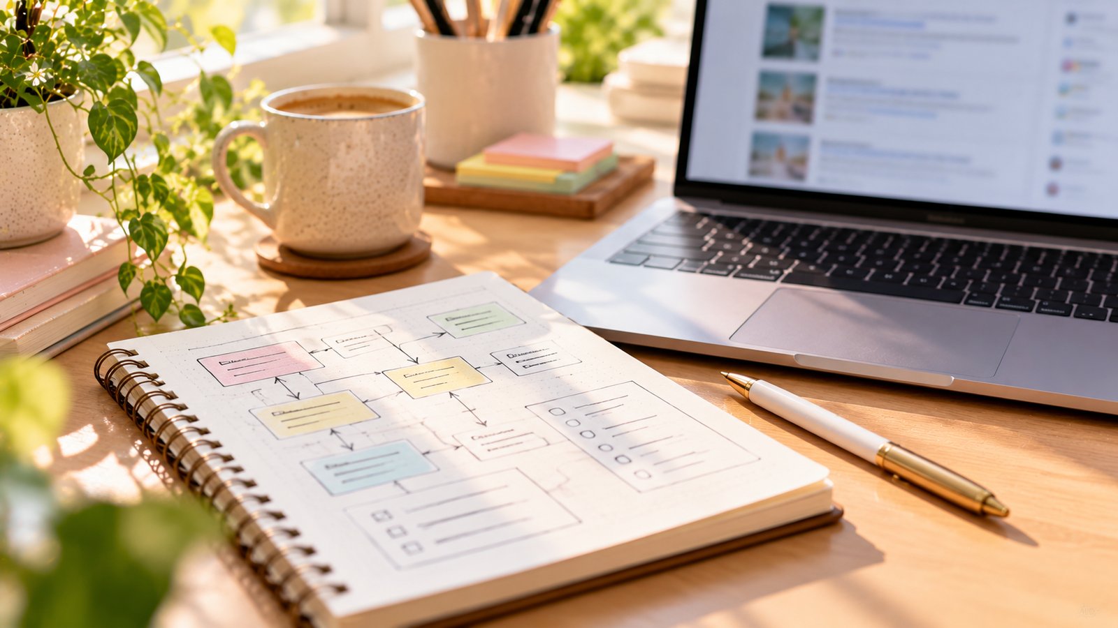 A notebook with a hand-drawn outline of boxes and arrows beside a laptop and pen, soft daylight - How to Read the Results Page Before You Write