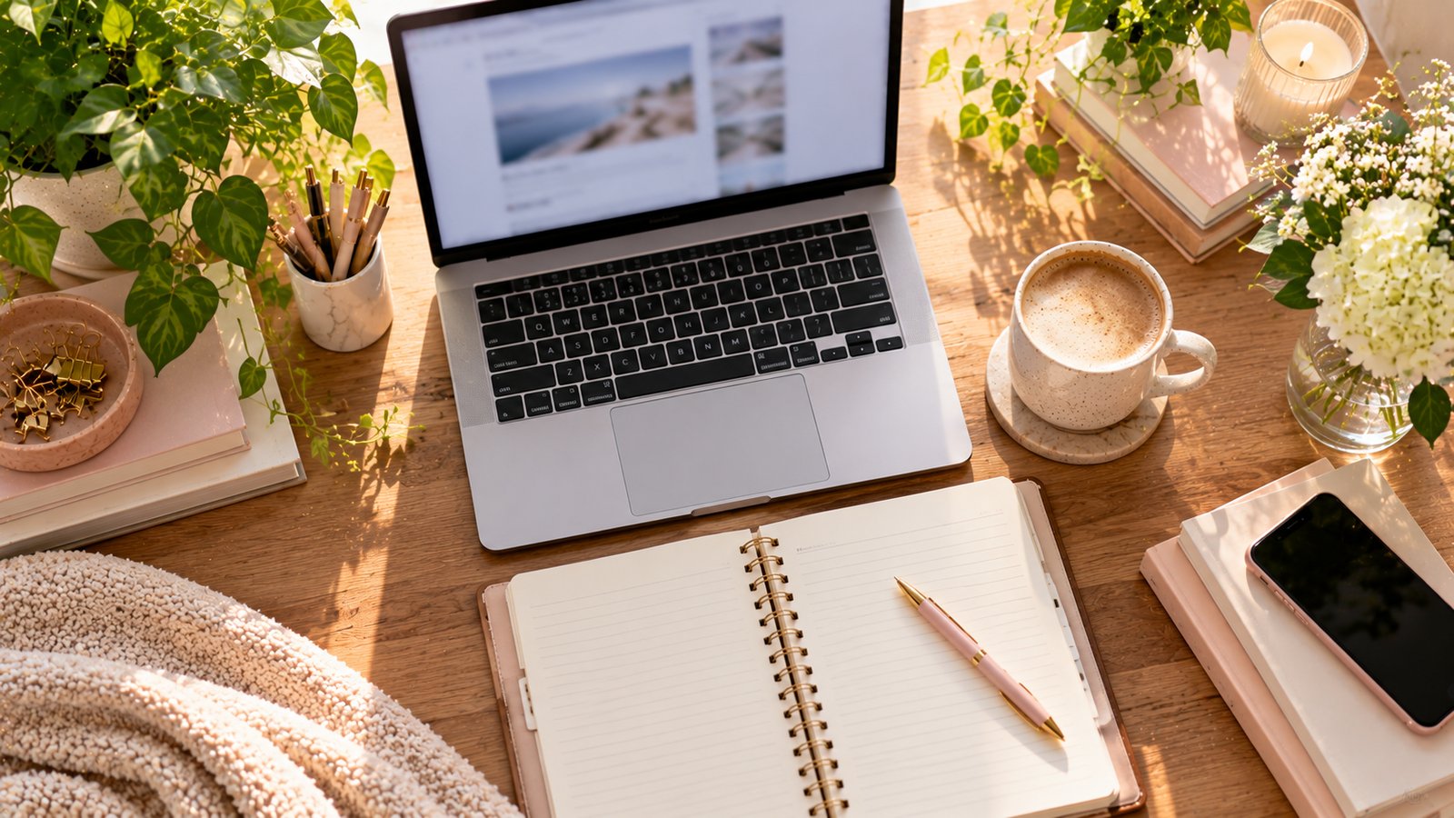 A tidy desk with a laptop, an open notebook and a coffee mug in soft natural light - Putting the Templates to Work