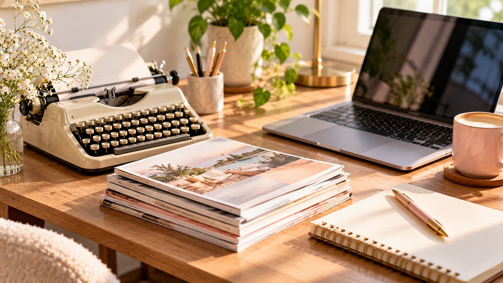 A typewriter-style vintage desk scene modernized with a laptop and a stack of magazines with unmarked covers - Template 2: The Explainer