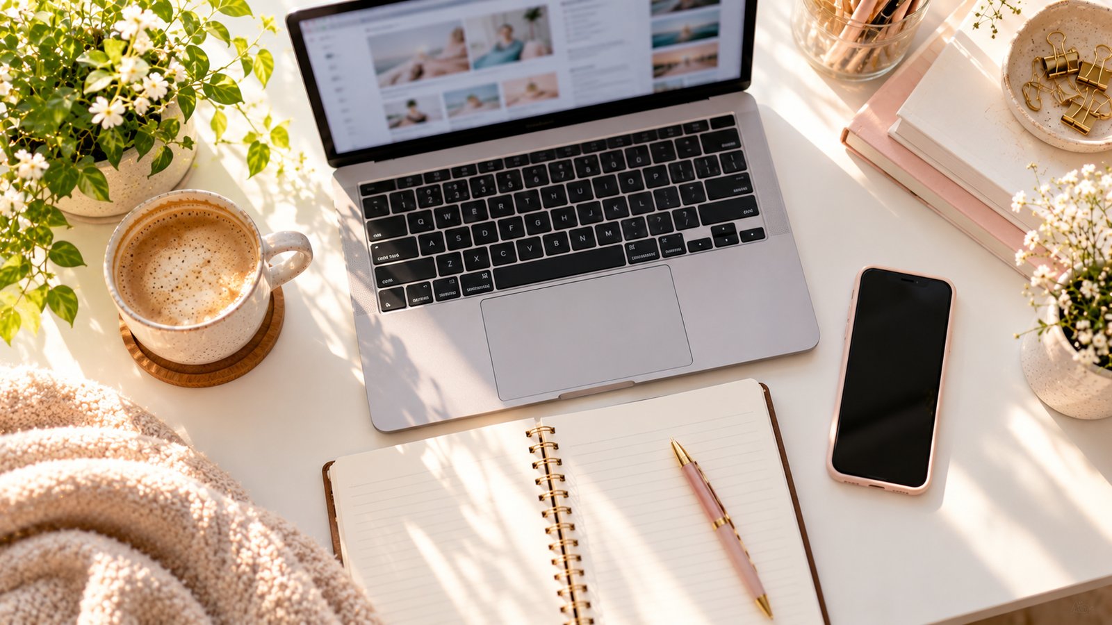 A flat lay of a laptop, notebook, pen and phone on a white desk, top-down view - Template 5: The Review