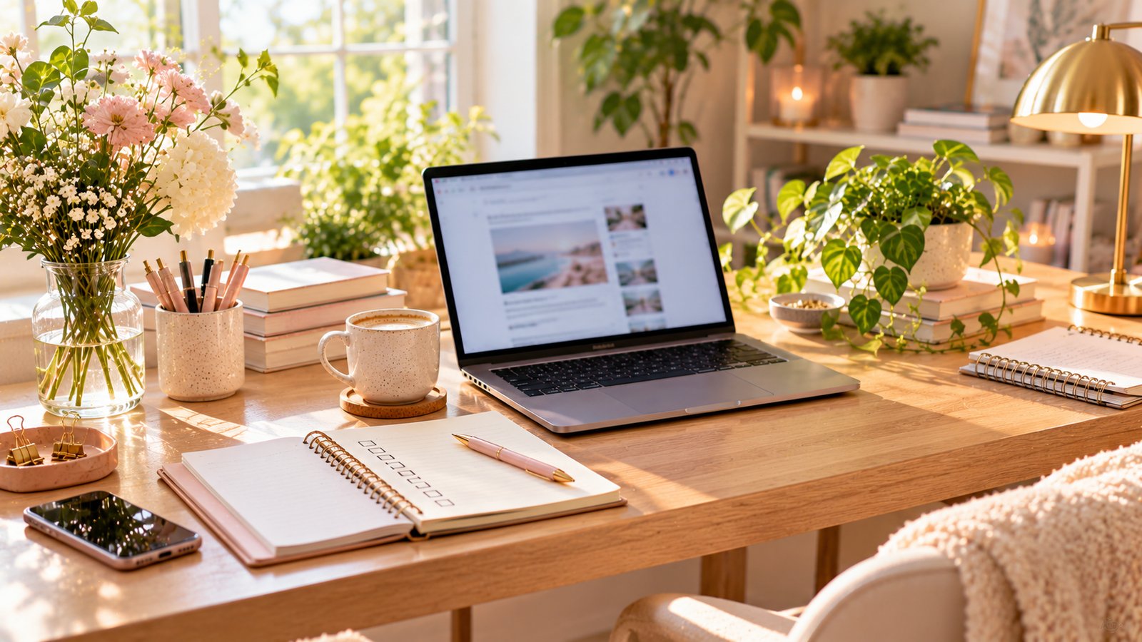 A blogger's desk with a laptop showing a blurred article, a notebook and a coffee cup, bright morning light - Template 6: The Checklist or Resource Post