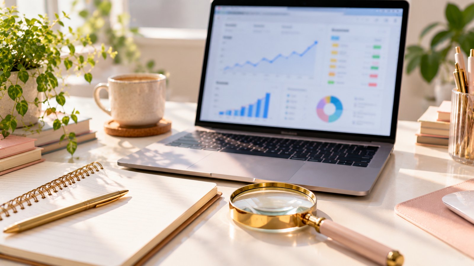 A desk with a laptop showing blurred ranking charts, a magnifying glass and a notebook - What Search Intent Means for a Blogger