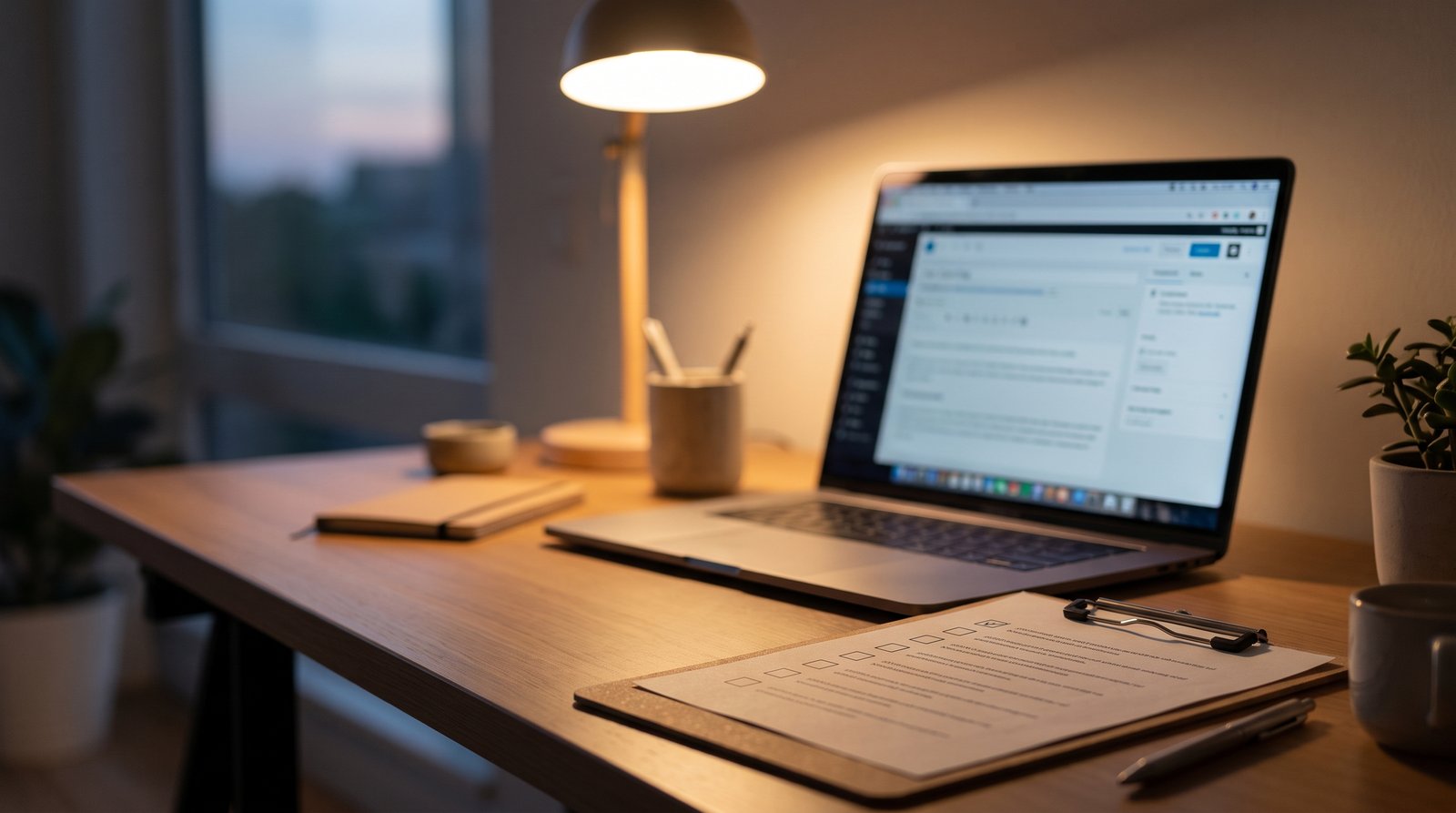 A calm workspace with a laptop and a warm desk lamp at dusk - A Quick Disclosure Checklist