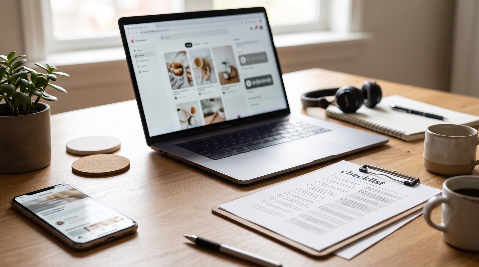 A printed checklist freebie mockup on a desk beside a laptop, no readable text - Pins, Podcasts and Newsletters