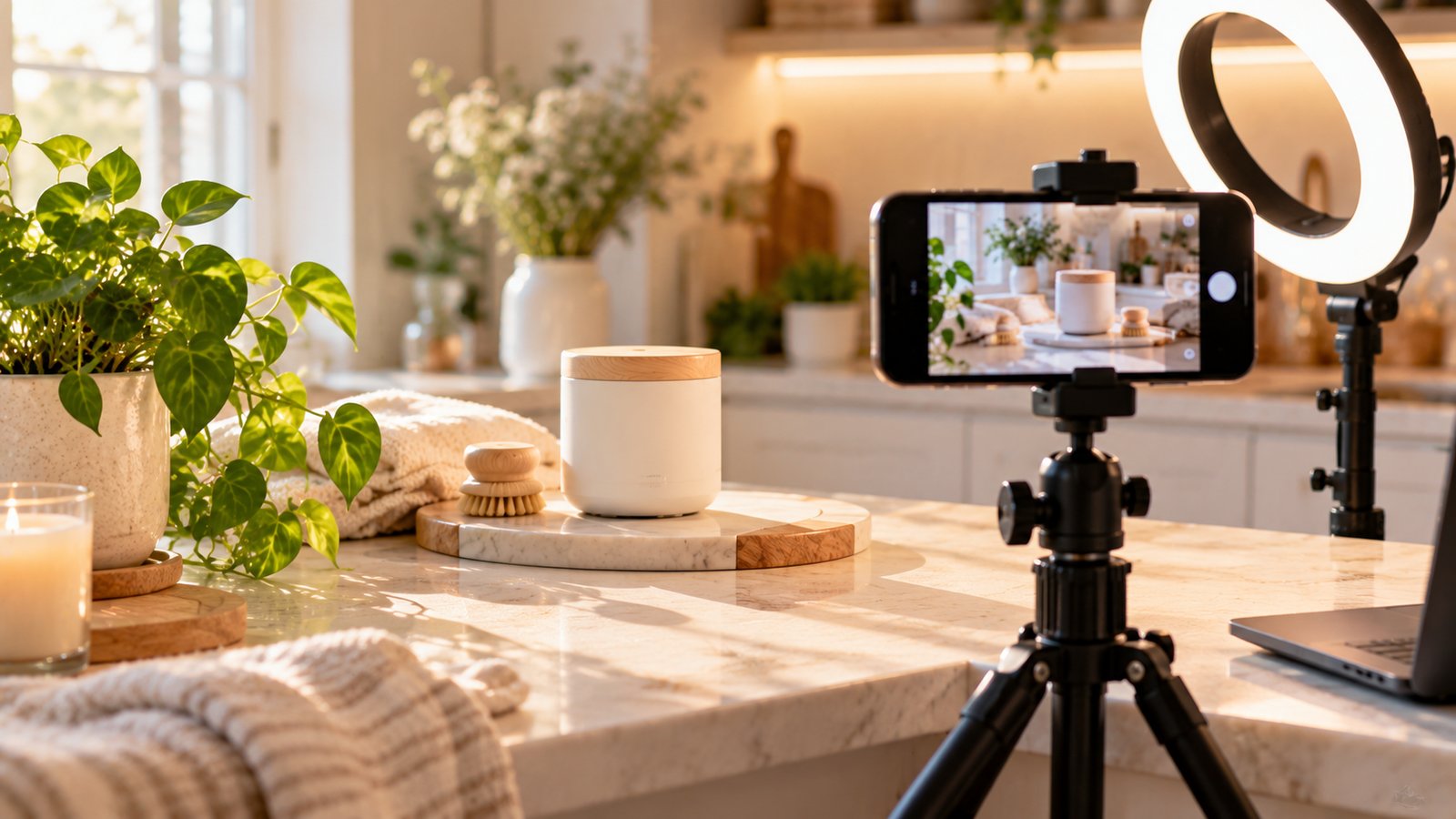 A creator setup with a smartphone on a tripod filming a small home product on a counter, ring light glowing - Platform Tools and Their Limits