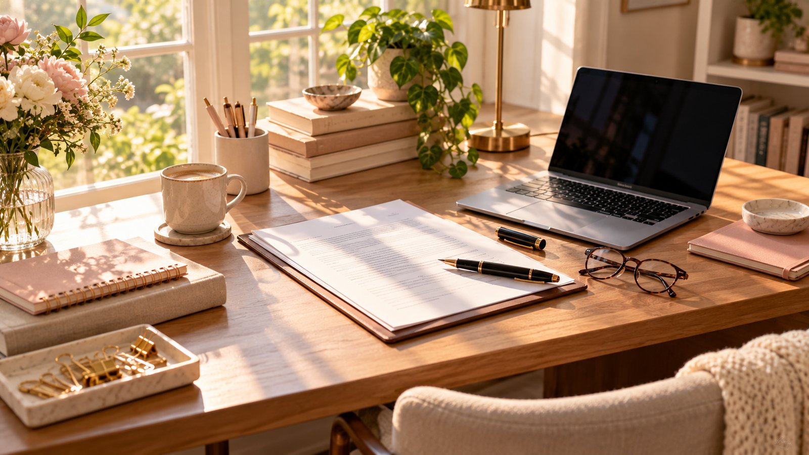 A desk with a contract, a fountain pen and reading glasses in soft window light, no readable words - What to Say