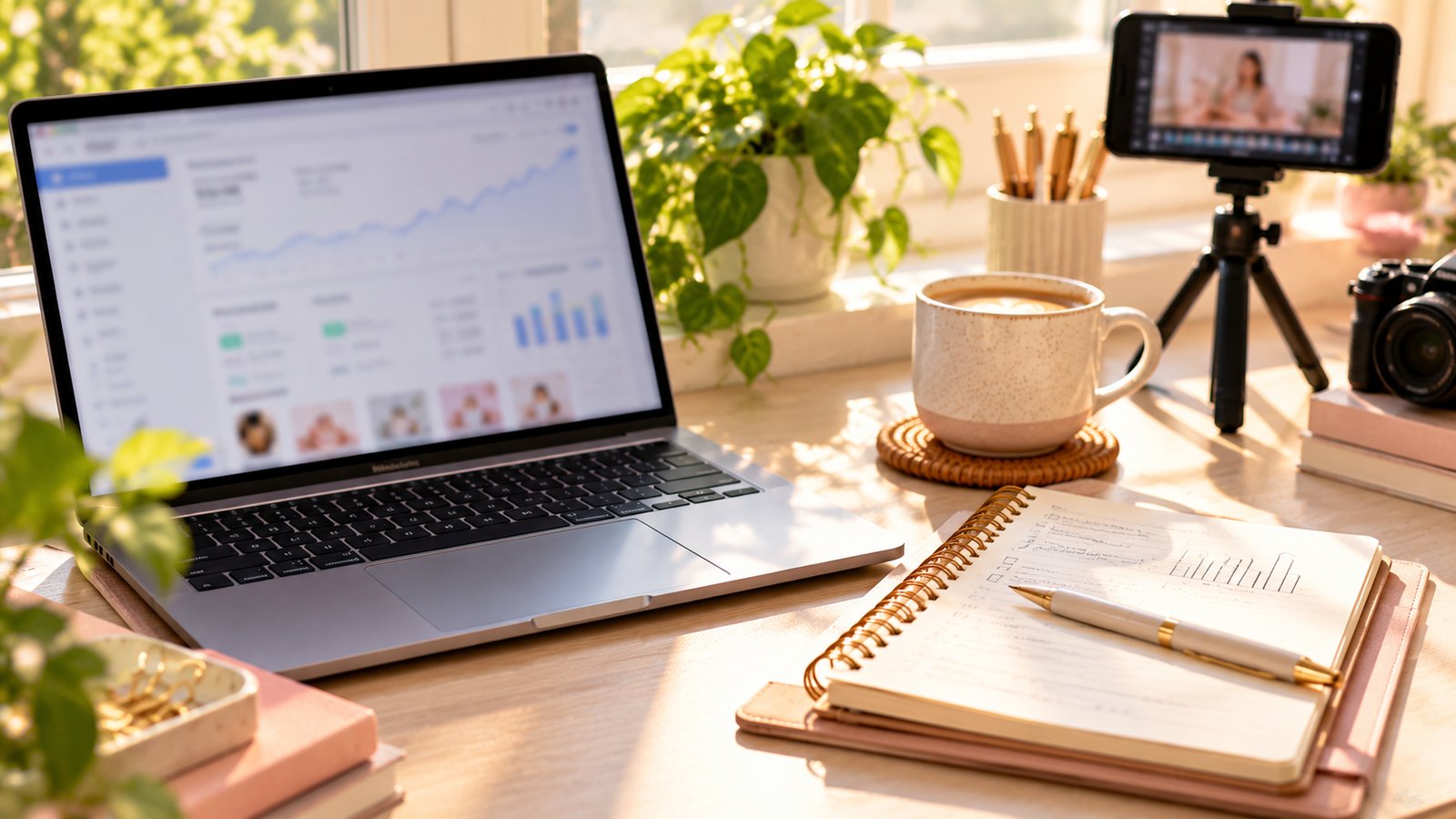 A laptop showing a blurred affiliate dashboard beside a notebook with commission notes and a coffee - Where to Put Disclosures in Videos