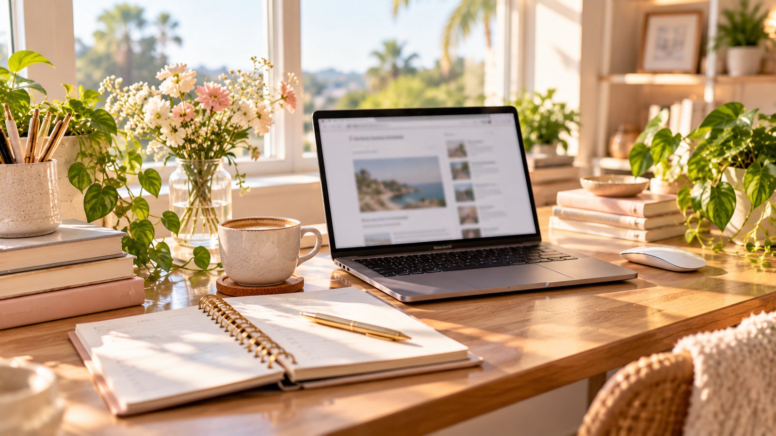 A blogger's desk with a laptop showing a blurred article, a notebook and a coffee cup, bright morning light - A Simple Way to Estimate a Range for Your Own Blog