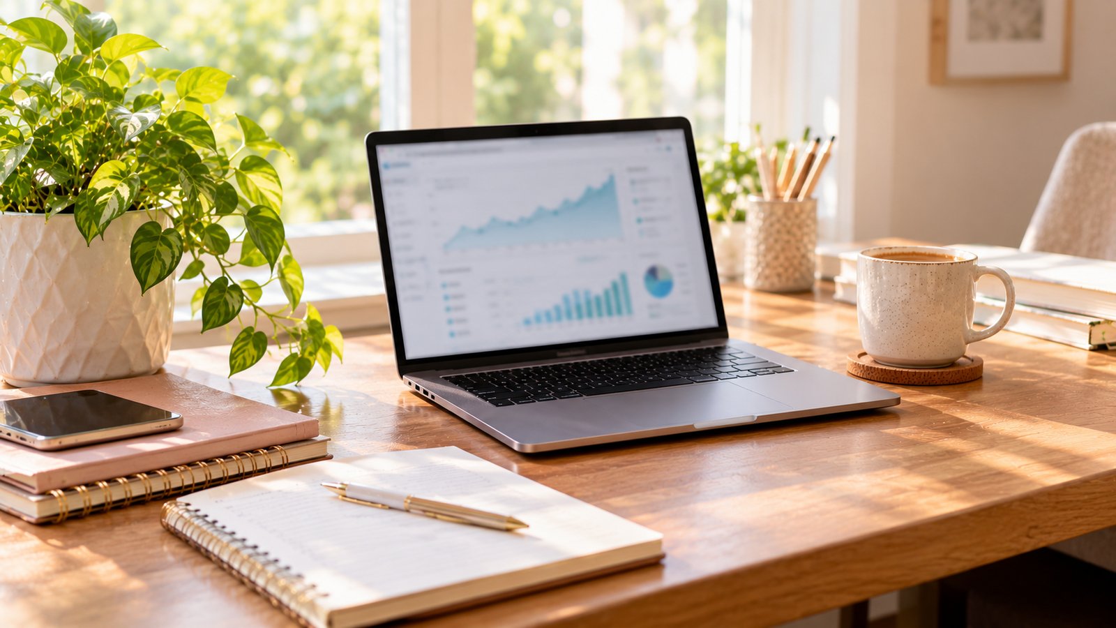 A cozy home office with a laptop, a plant and a mug on a wooden desk, soft window light - Asking Price Versus Sale Price