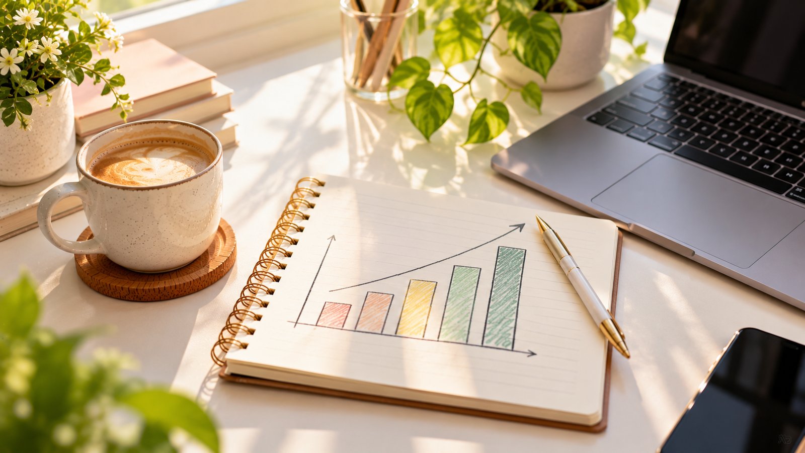 A notebook with a hand-drawn income goal bar chart beside a coffee and a laptop - How Blogs With Little or No Profit Are Valued