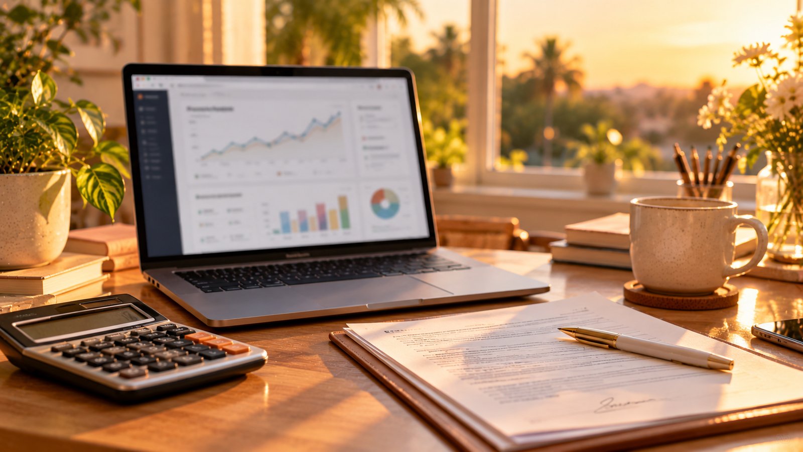 A laptop with a blurred website valuation dashboard beside a calculator and a signed paper on a desk - Mistakes Sellers Make