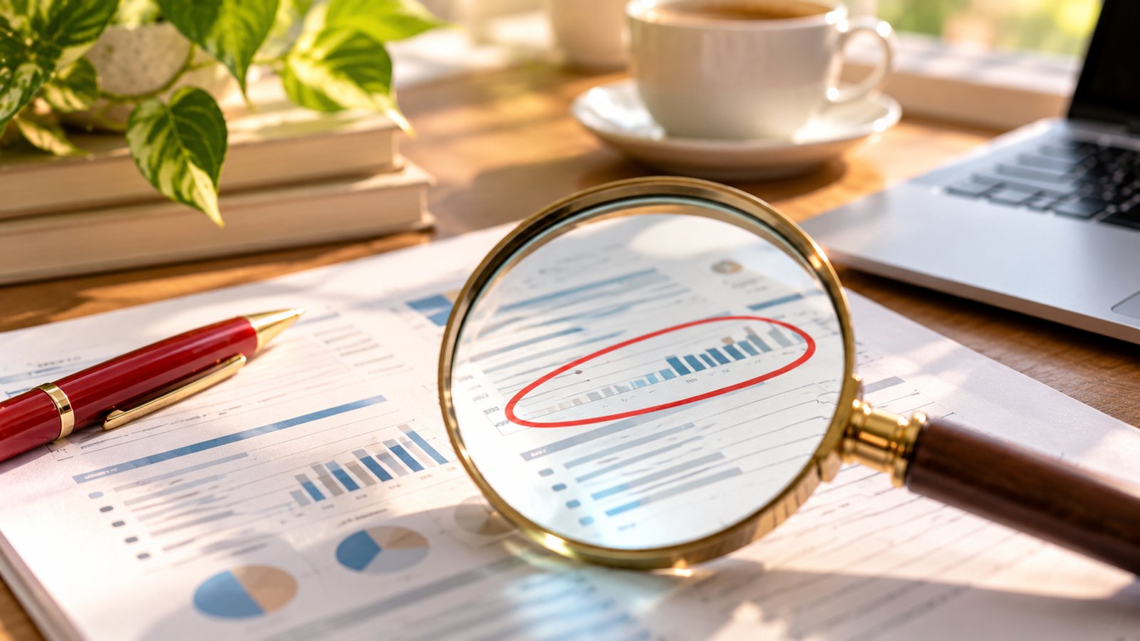 A magnifying glass over a printed page with a red pen circle, close view, no readable words - Sources and Further Reading