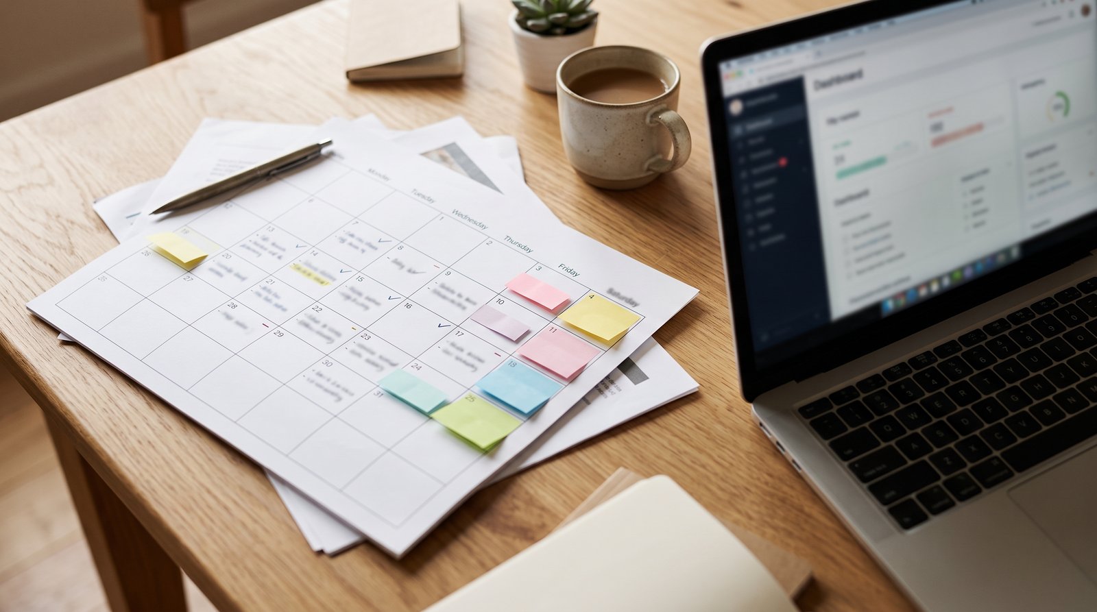 A paper monthly calendar with colored sticky notes beside a laptop on a desk, overhead view - A Simple Monthly Routine