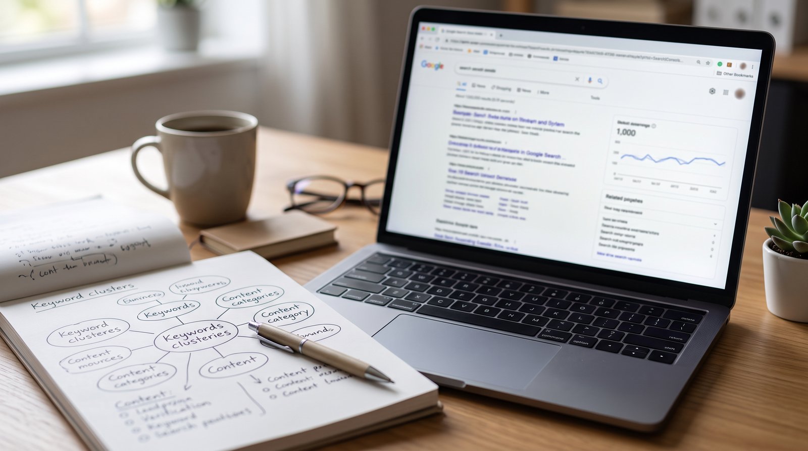 A laptop displaying a blurred search results page beside a notepad of keyword clusters drawn as bubbles - Checking Indexing With the Pages Report and URL Inspection