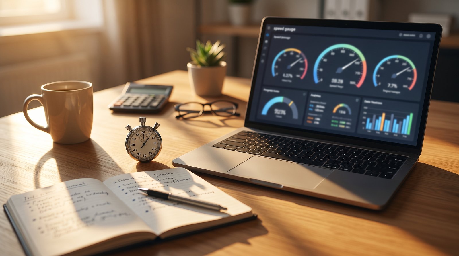 A laptop showing a blurred speed gauge style dashboard beside a stopwatch on a desk - Reading the Performance Report