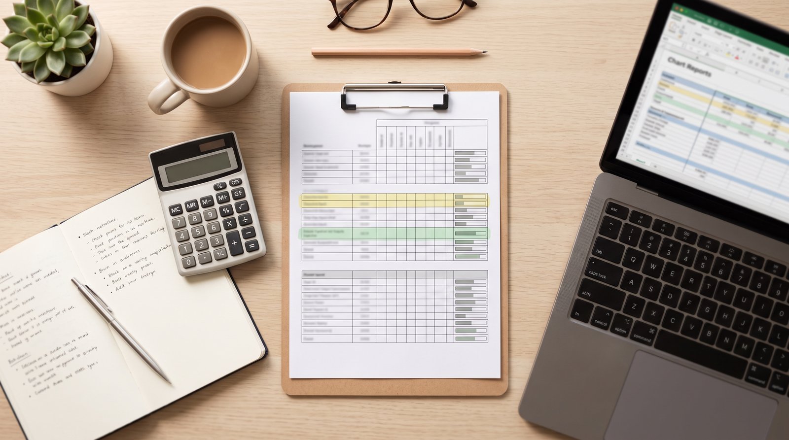 A printed chart report with highlighted rows beside a calculator and laptop, overhead view, no readable text - Setting Up Your Blog in Search Console