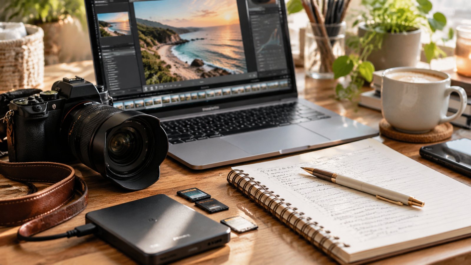 Camera, memory cards and an external drive beside a laptop showing photo editing software for blog image SEO