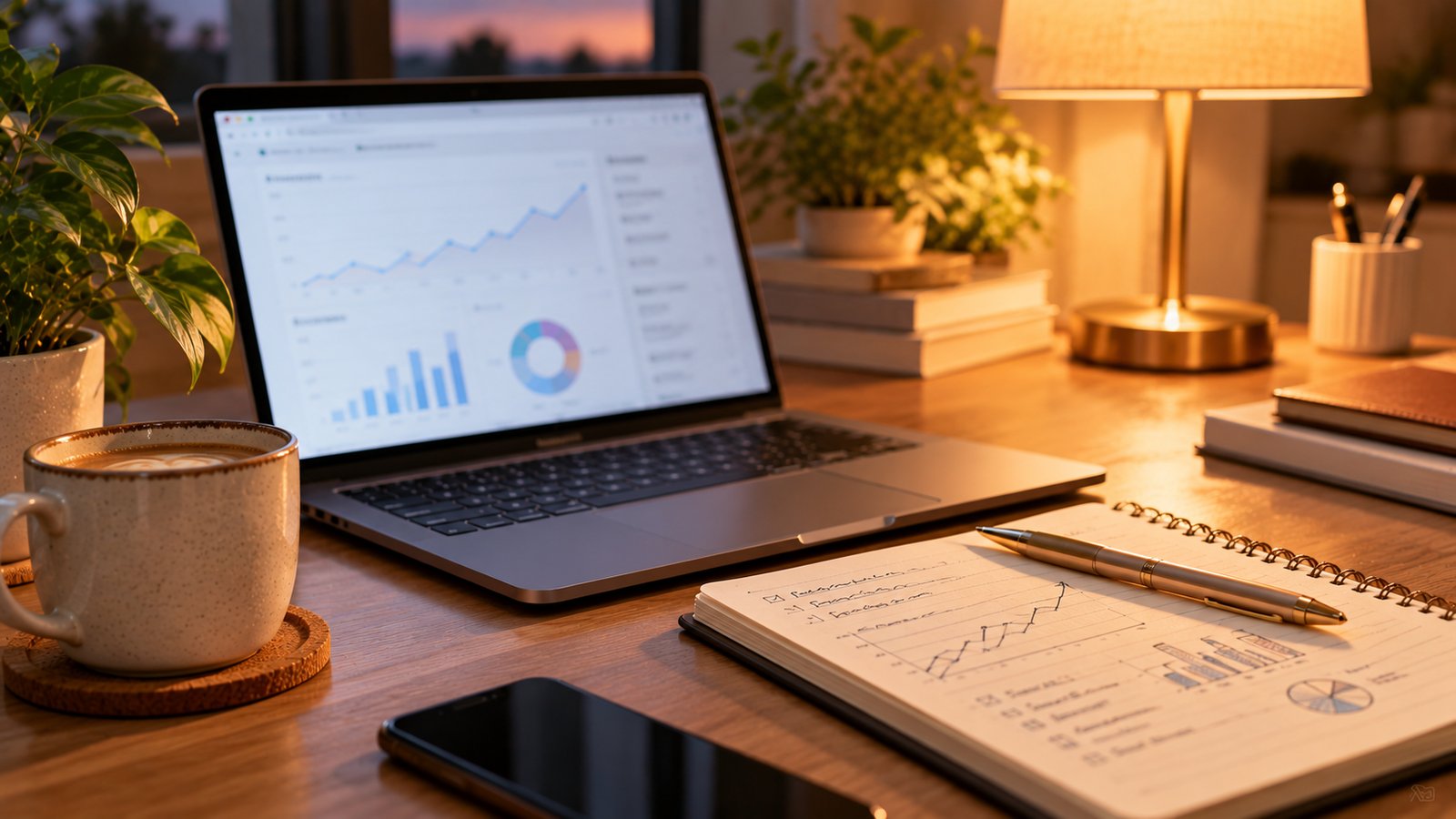 A laptop showing blurred line and bar charts on a dashboard beside a notebook with a pen and coffee - A Hypothetical Walkthrough With Round Numbers