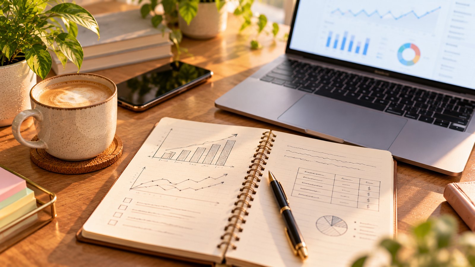 A notebook with hand-drawn growth curves and price notes beside a laptop and coffee - Due Diligence: How Buyers Check a Site