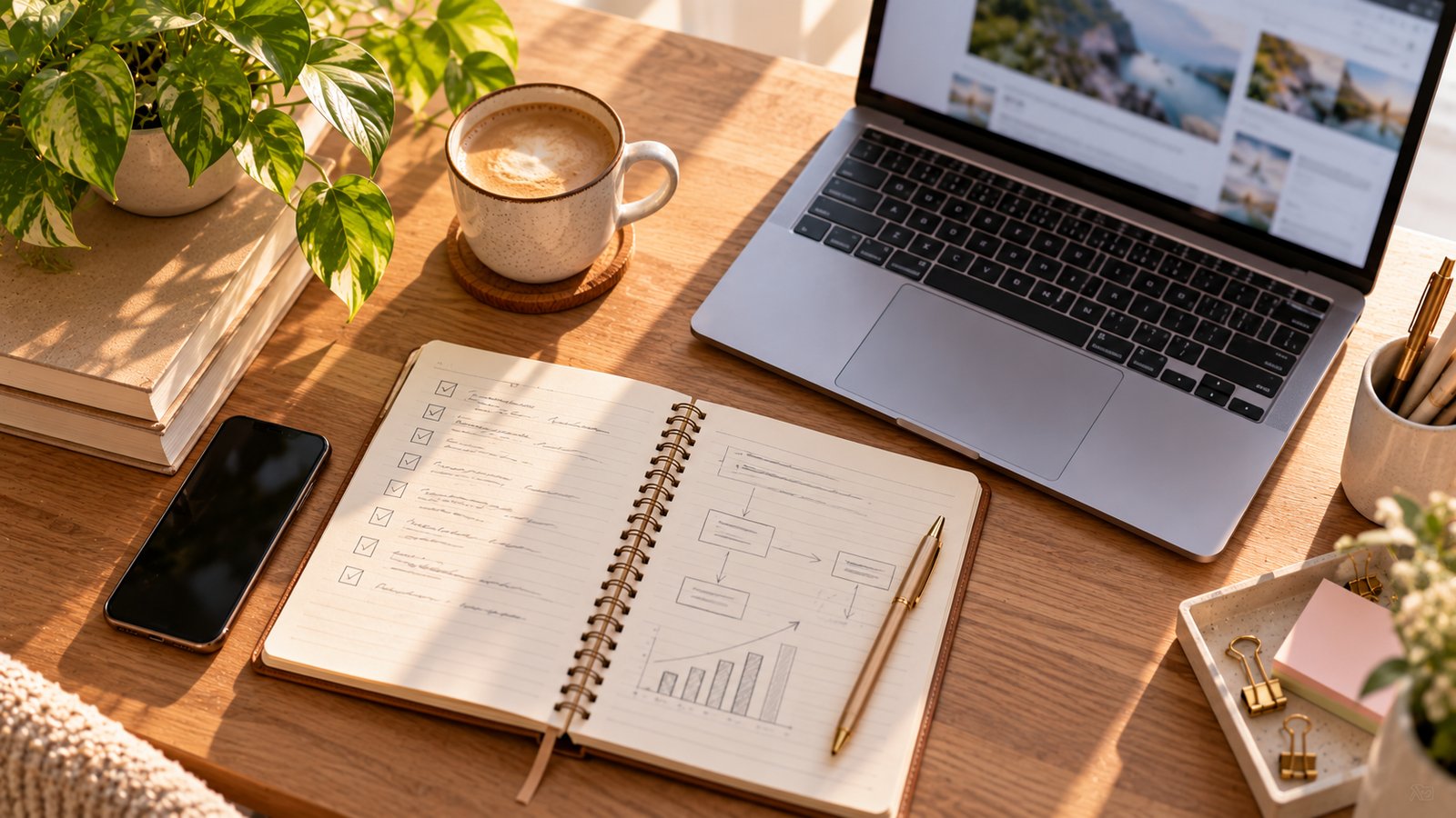 A tidy desk with a laptop, an open notebook and a coffee mug in soft natural light - Preparing a Site for Sale