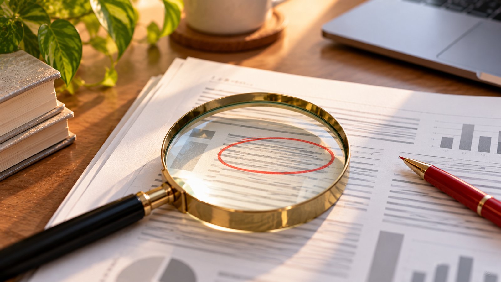 A magnifying glass over a printed page with a red pen circle, close view, no readable words - Sources and Further Reading