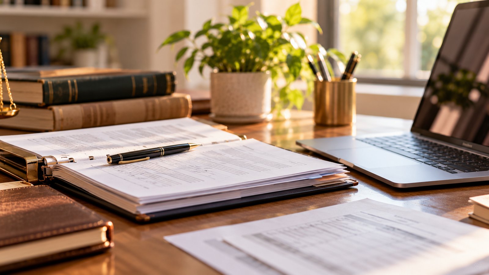 A gavel-free legal desk scene with a folder of documents and a laptop, calm professional light - Taxes and Legal Basics to Raise With a Professional