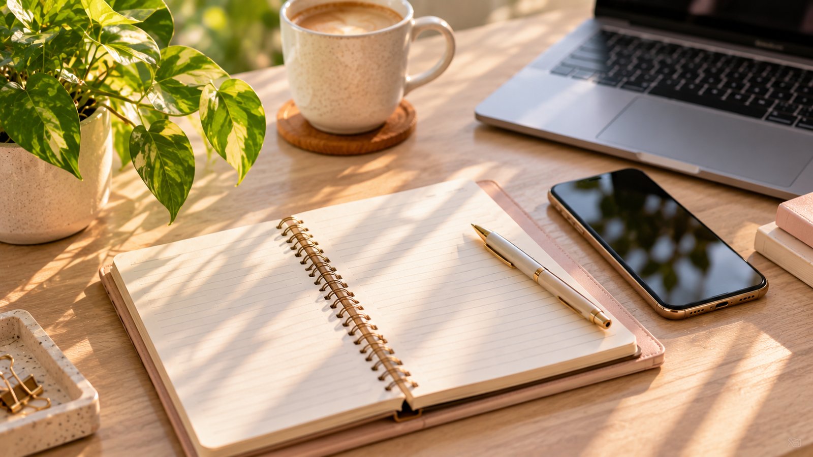 A flat lay of a notebook, pen, phone and plant on a light wooden desk - The Main Risks