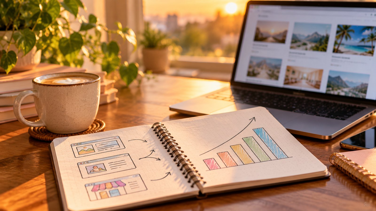 A notebook with a hand-drawn income goal bar chart beside a coffee and a laptop - Types of Sites and What Suits Beginners