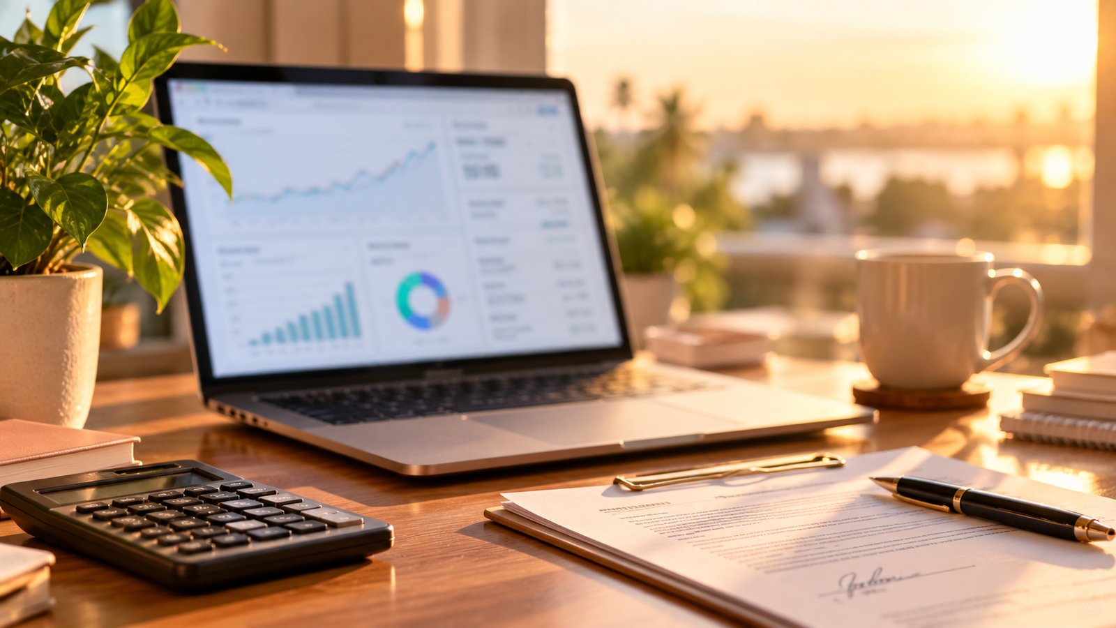 A laptop with a blurred website valuation dashboard beside a calculator and a signed paper on a desk - What Website Flipping Actually Is