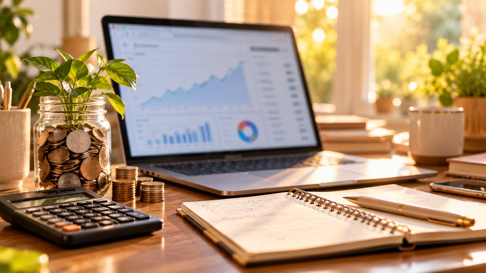 A laptop with a blurred earnings chart beside a calculator, coins in a jar and a notebook on a desk - Where the Profit Comes From