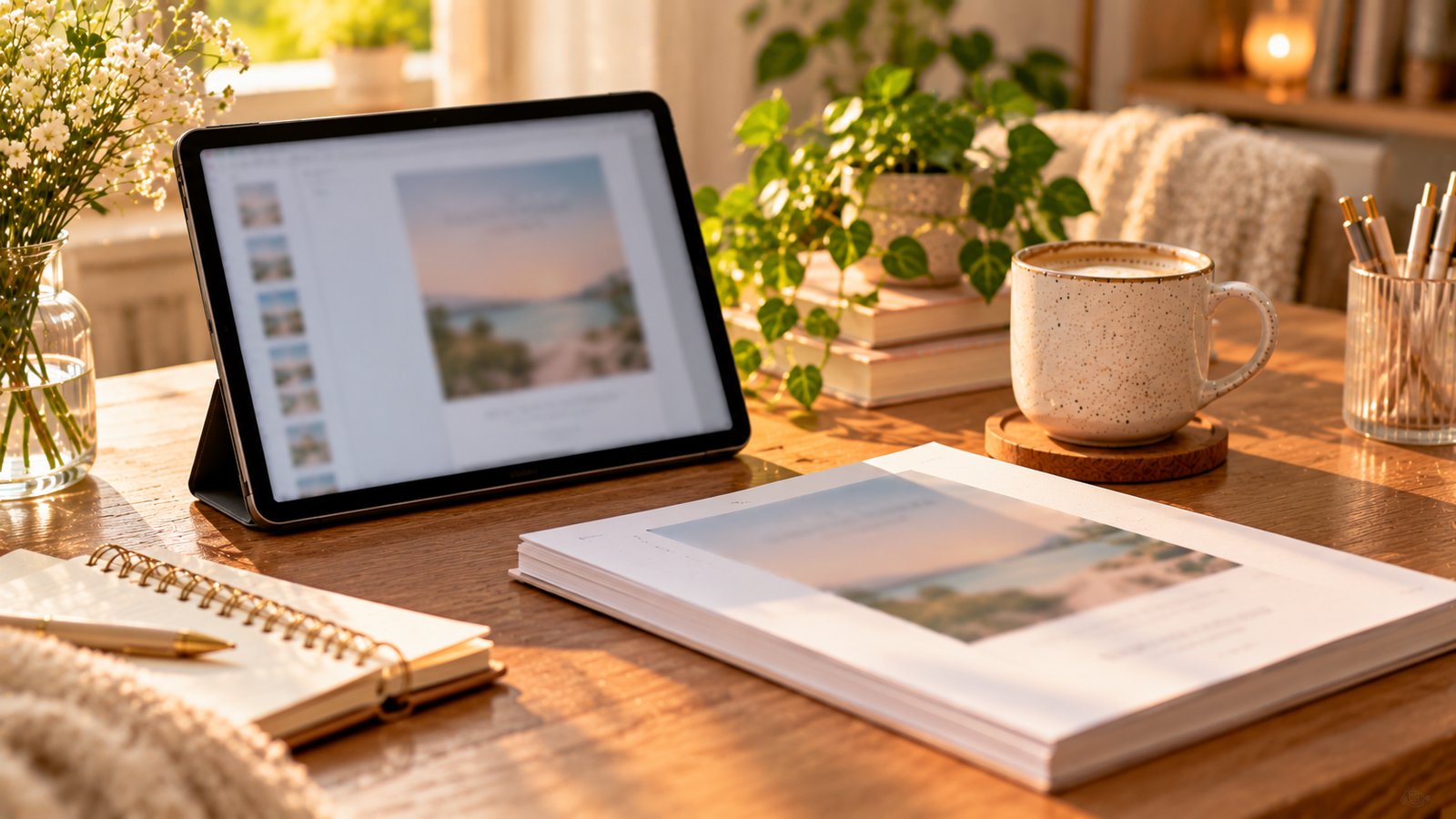 A tablet displaying a blurred ebook cover beside a printed proof copy and a coffee cup on a desk - A Common Mix-Up: Keyword Planner Competition
