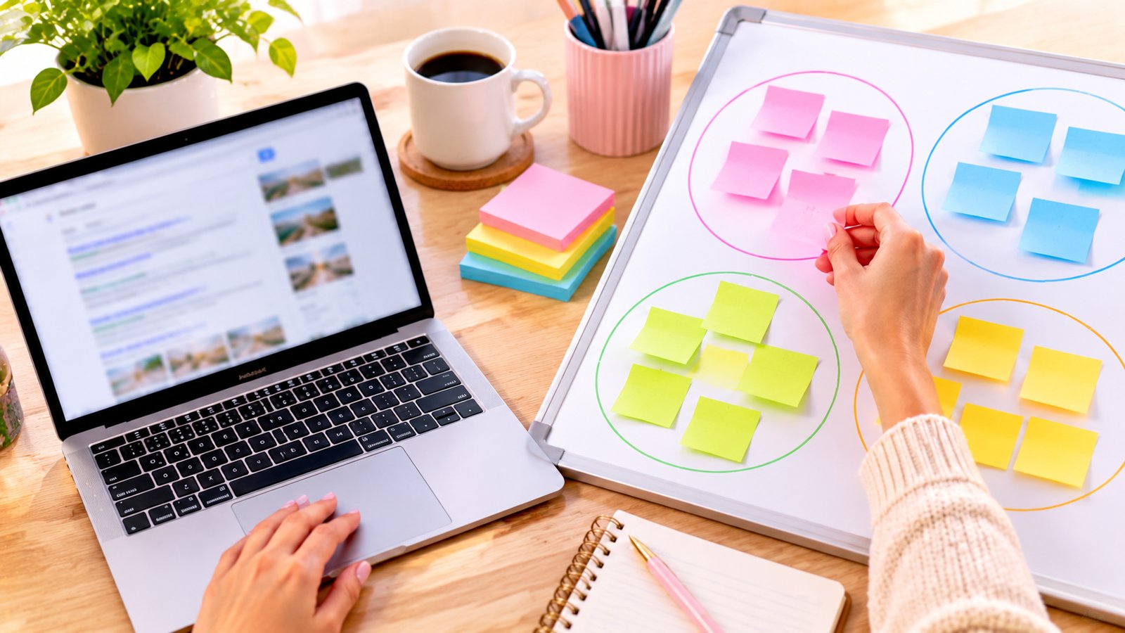 Sticky notes grouped into clusters on a whiteboard beside a laptop, hands only, bright office light - The Manual Check: Read the Search Results