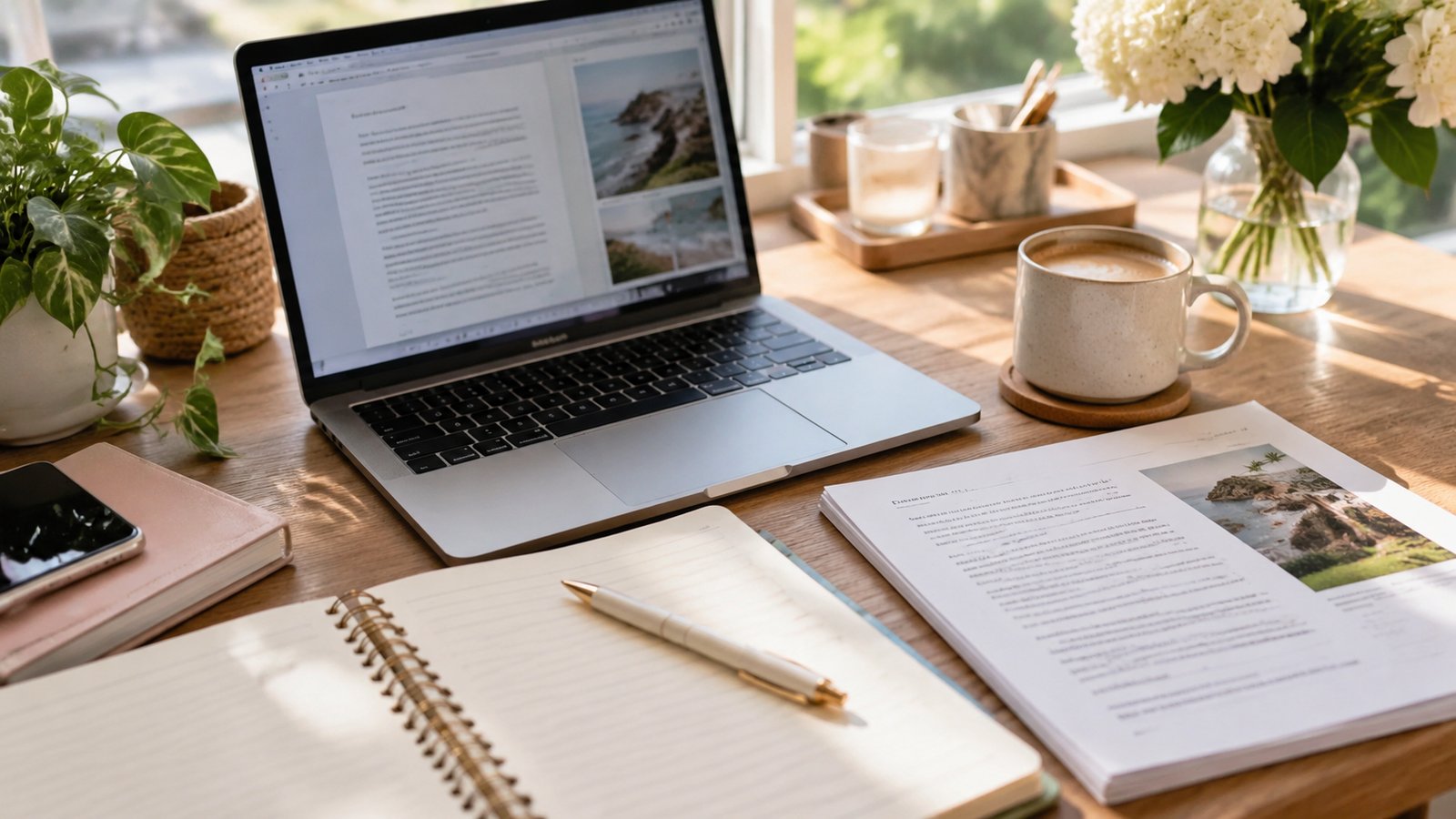 Laptop with a long-form blog article draft beside an open notebook and a printed article page