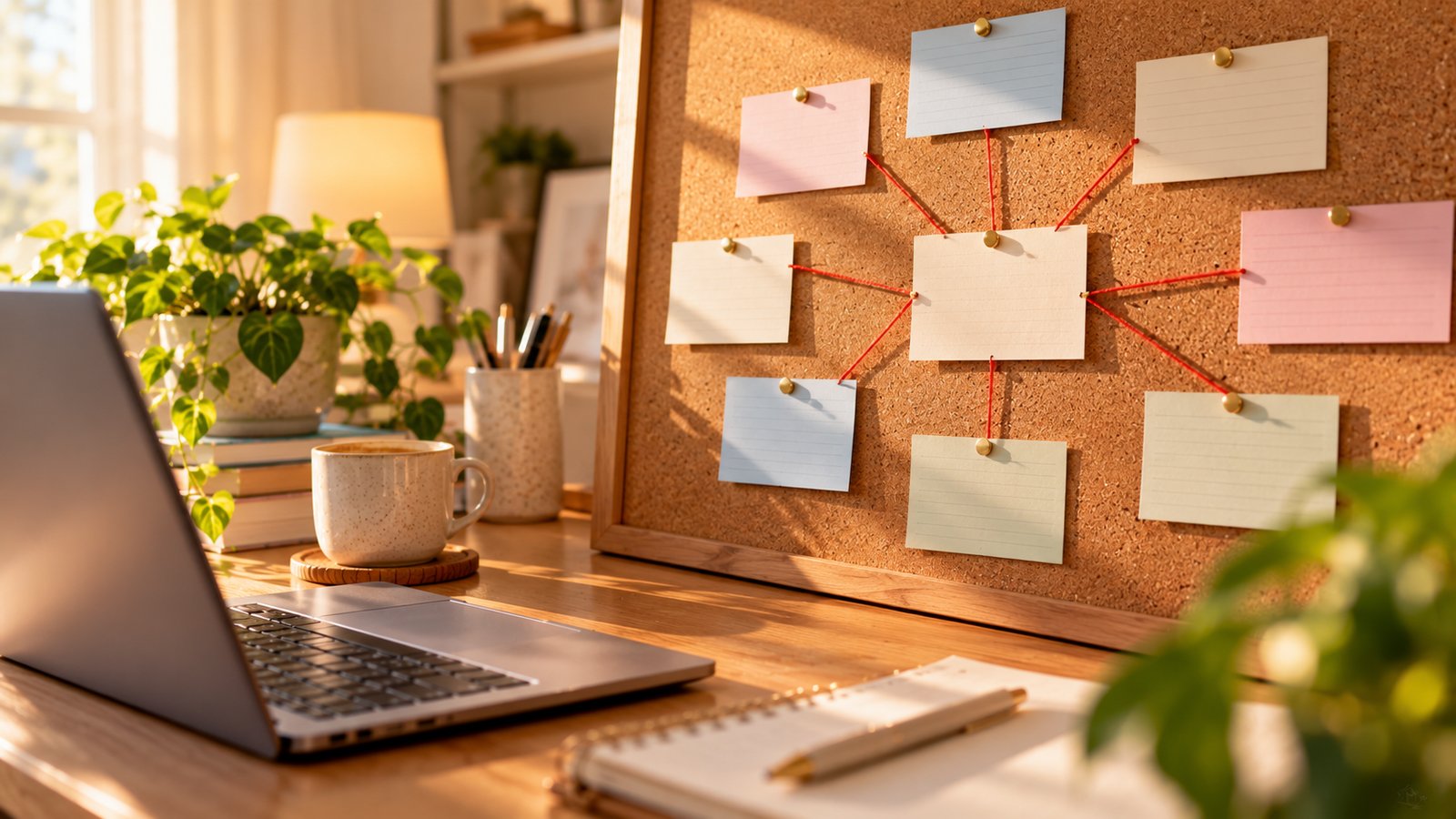 A corkboard with index cards linked by red string beside a laptop, warm light - Choosing Pillar Topics