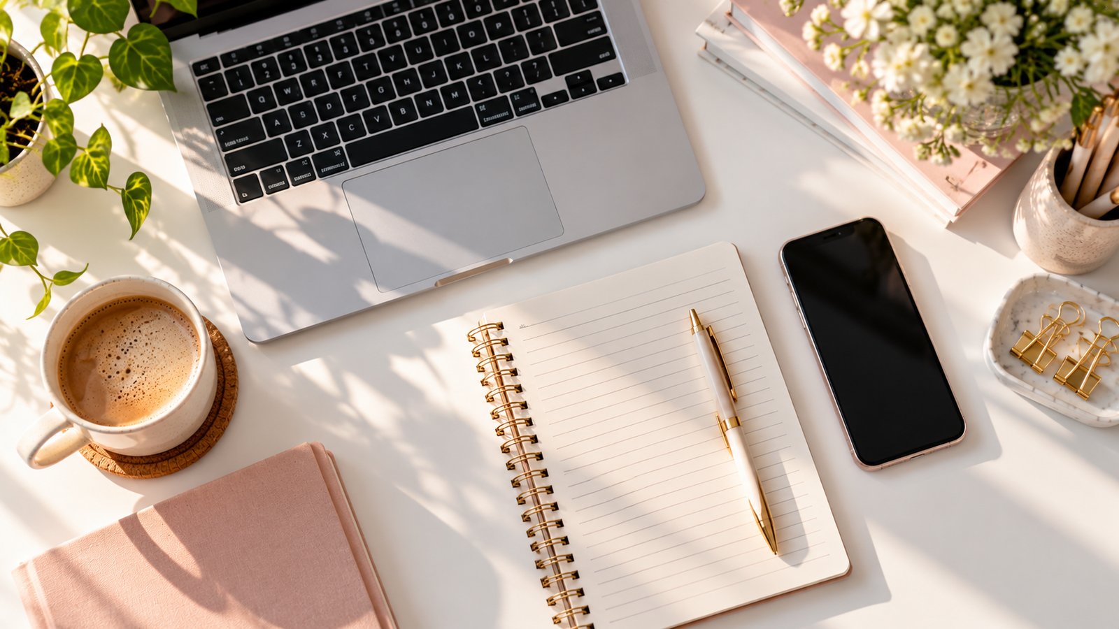 A flat lay of a laptop, notebook, pen and phone on a white desk, top-down view - Common Mistakes