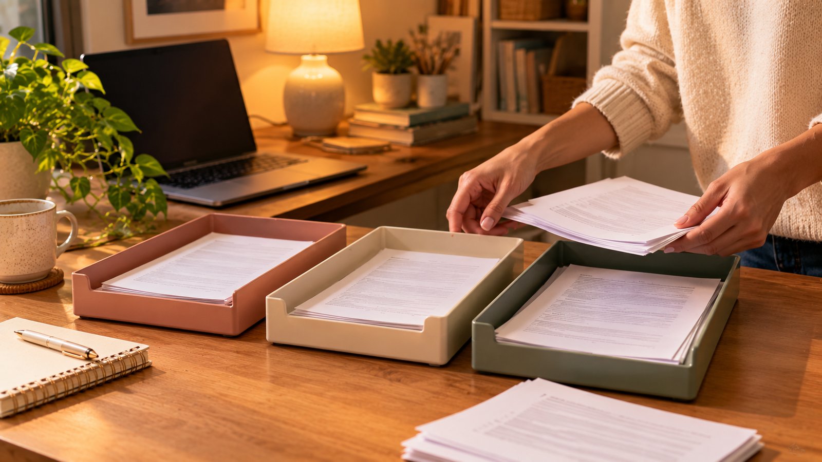 Hands sorting printed pages into three trays on a desk, no face visible - Folding Old Posts Into a Cluster