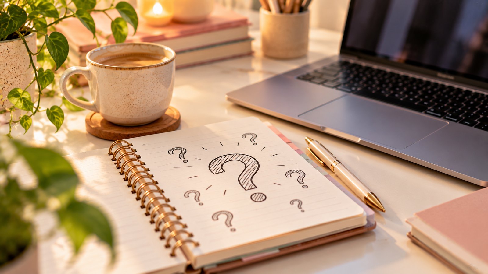 A notebook with hand-drawn question marks beside a laptop and coffee on a tidy desk, no readable words - Frequently Asked Questions