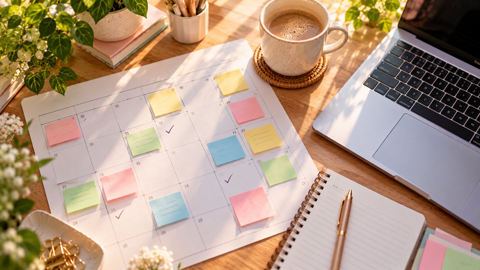 A paper monthly calendar with colored sticky notes beside a laptop on a desk, overhead view - Measuring Whether a Cluster Is Working