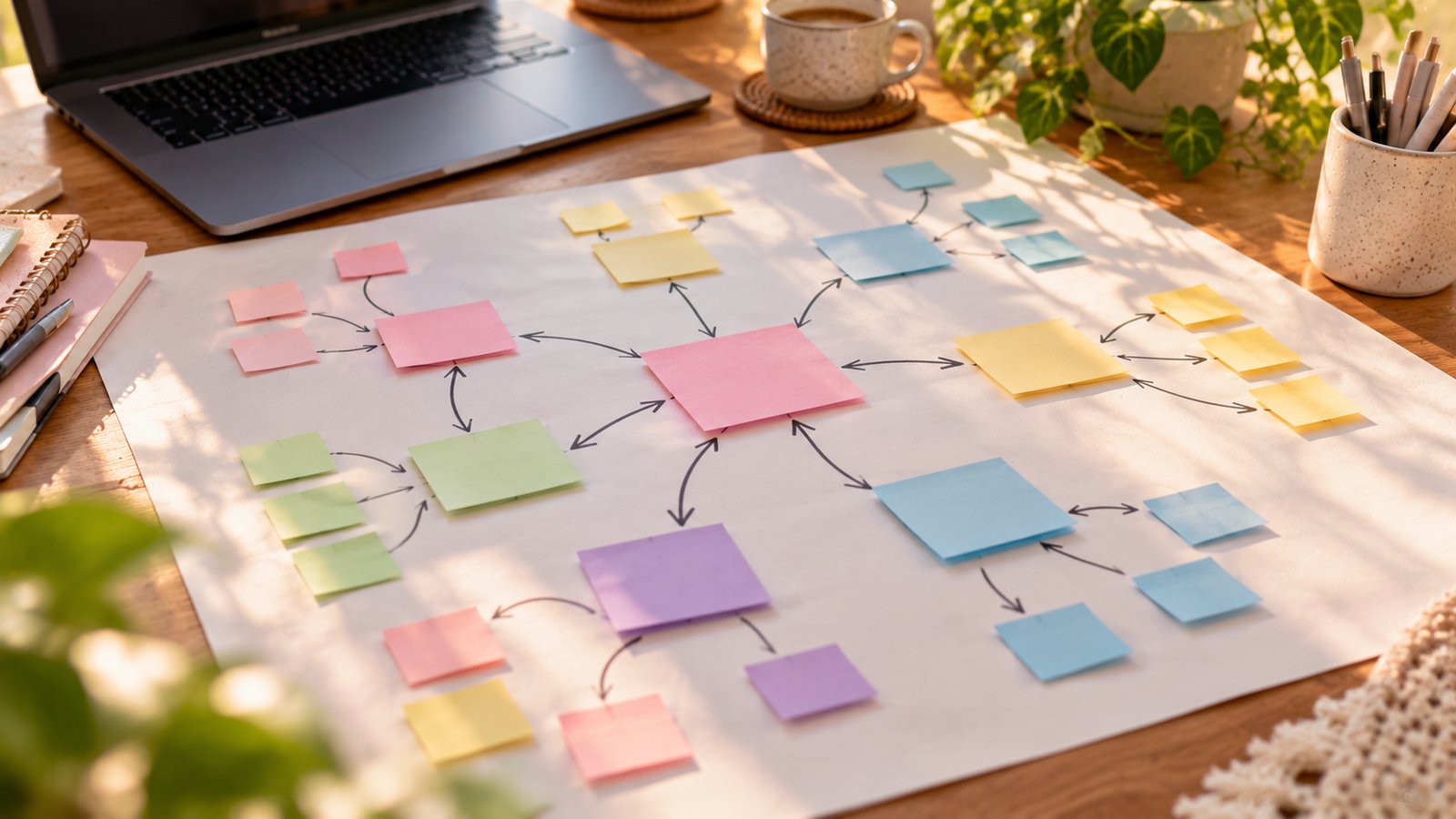 Sticky notes connected by drawn arrows on a large paper map on a desk, overhead view, no readable text - What a Topic Cluster Is